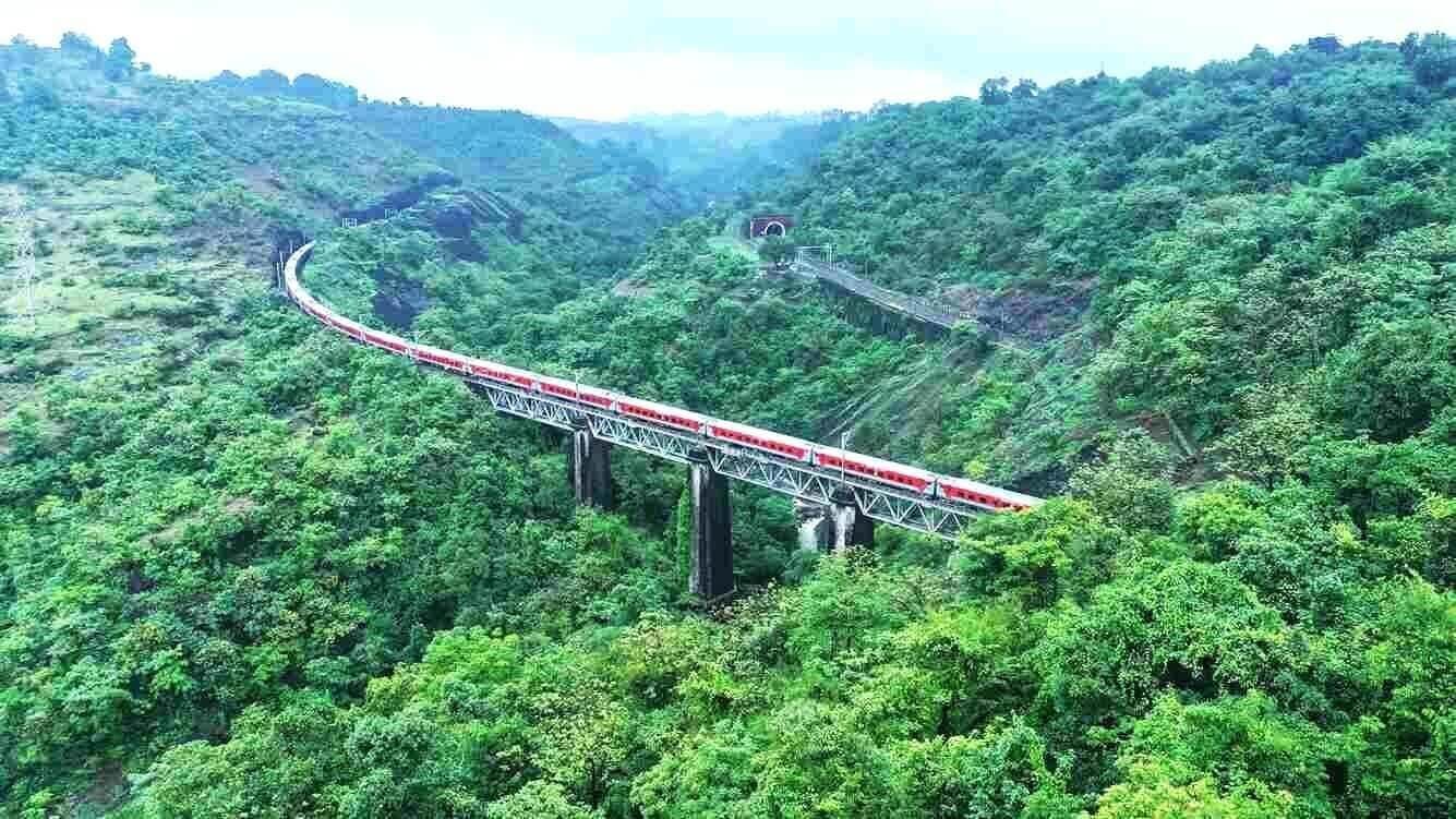 Rail bridge cutting through green forest