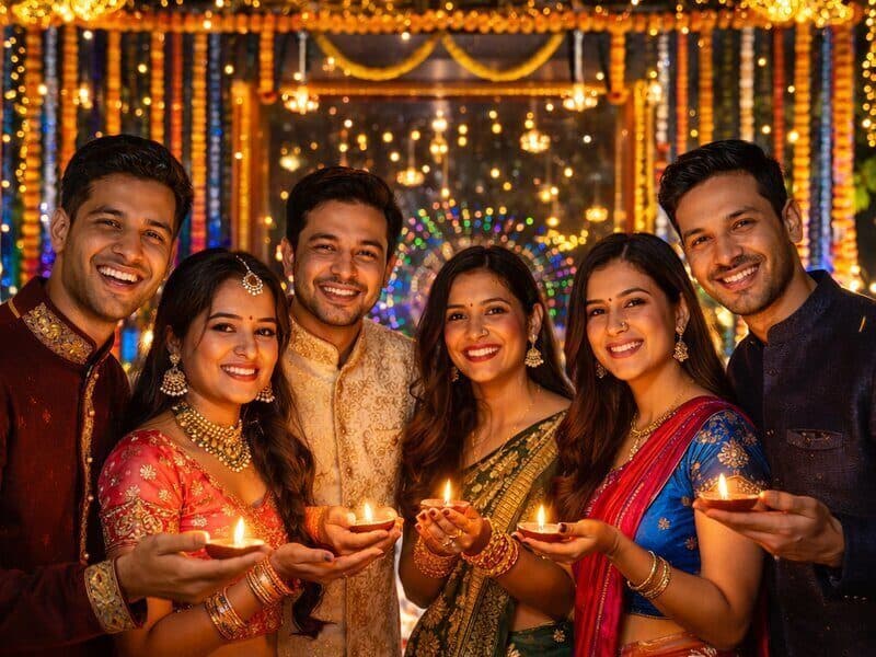 Diwali Festival - Friends with diyas celebration