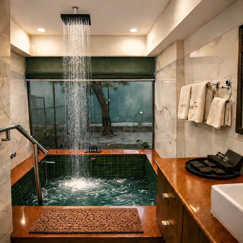 In-villa hot water mini pool and shower at Macaw Villa, Manas Resort Igatpuri